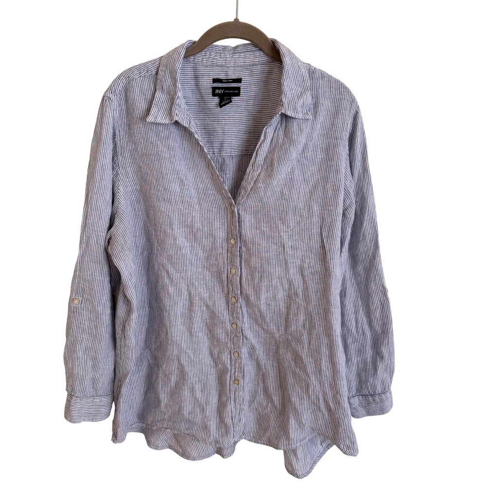 Jones New York 100% Linen Striped Button‎ Down Shirt Blue White Roll Tab 1X